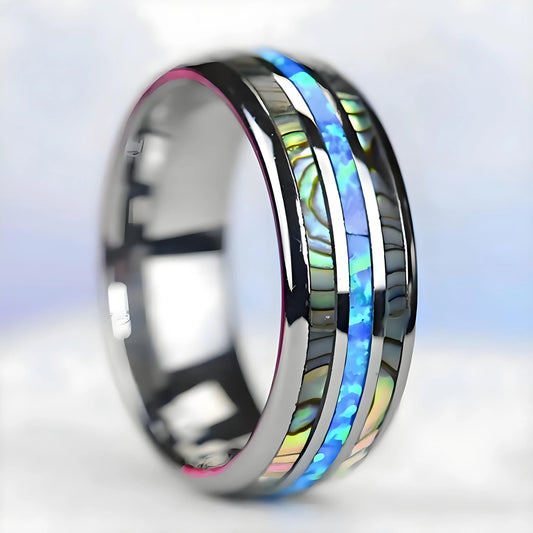 Fashion 8mm Silver Color Stainless Steel Ring For Men Fashion Abalone Shell Inlay Ring Men's Wedding Band Accessories Wholesale