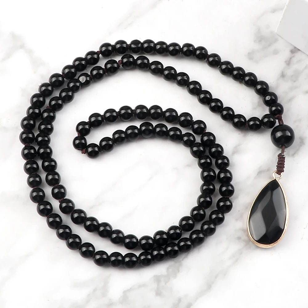 Shiny Black Onyx Natural Stone Beaded Necklaces&Bracelet Men 108 Japamala Pandent Prayer Necklace Handmade Women Healing Jewelry