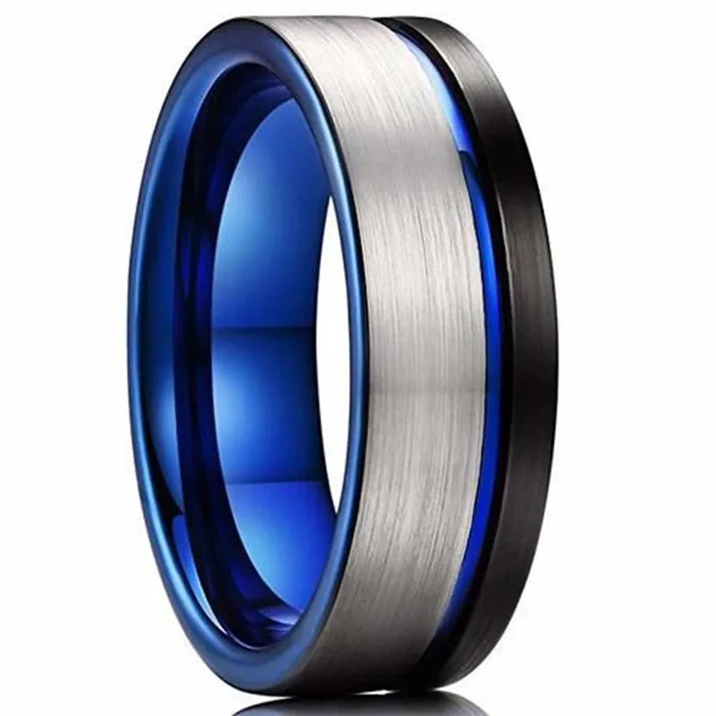 Trendy 8mm Men Frosted Stainless Steel Rings, Gold Color Brushed Groove Beveled Edge Engagement Rings For Men, Wedding Jewelry