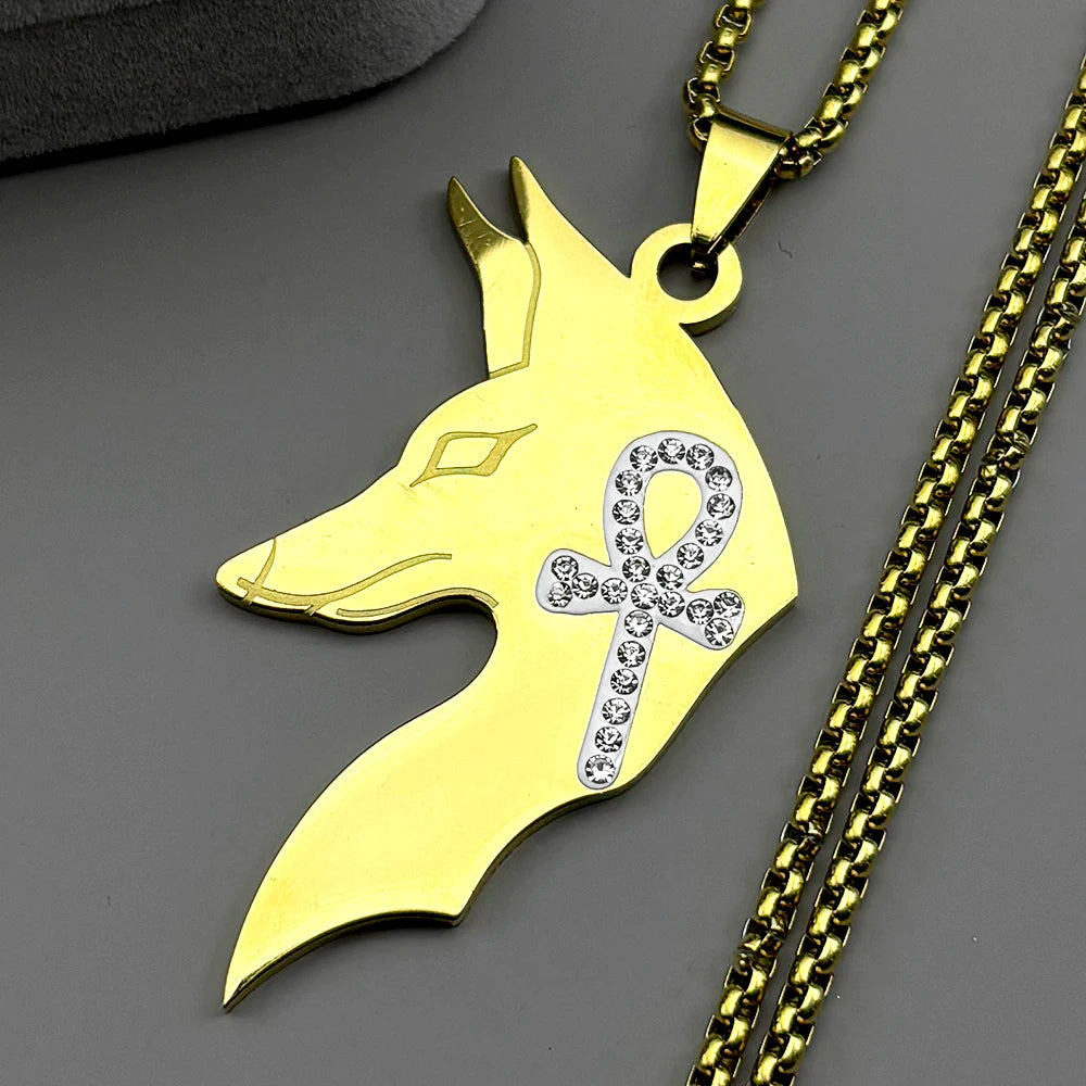 Anubis Egyptian Rhinestones Ankh Cross Symbol Stainless Steel Pendant Necklace for Women Men Gold Color Chain Necklaces Jewelry