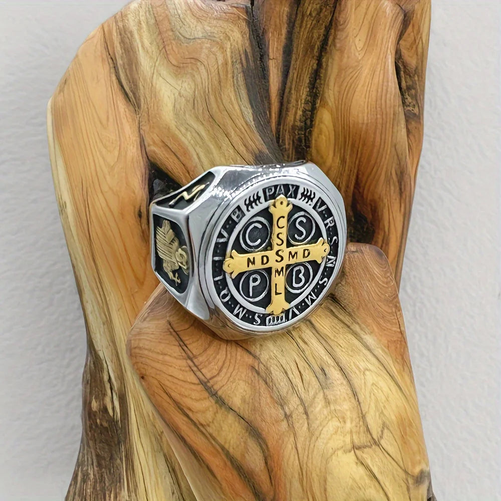 Crux Sancti Patris Benedict Cspb Cross Men Rings 316L Stainless Steel Punk Jewelry Size 7-13
