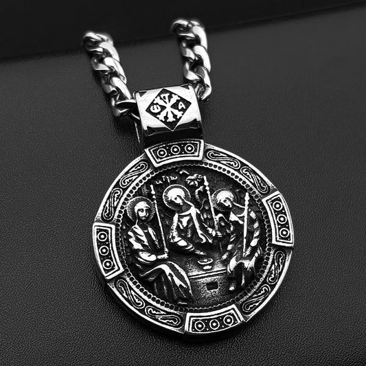 Vintage Orthodox Icons Holy Trinity Round Pendant Necklace for Men Stainless Steel Silver Color Chritian Amulet Chain Jewelry