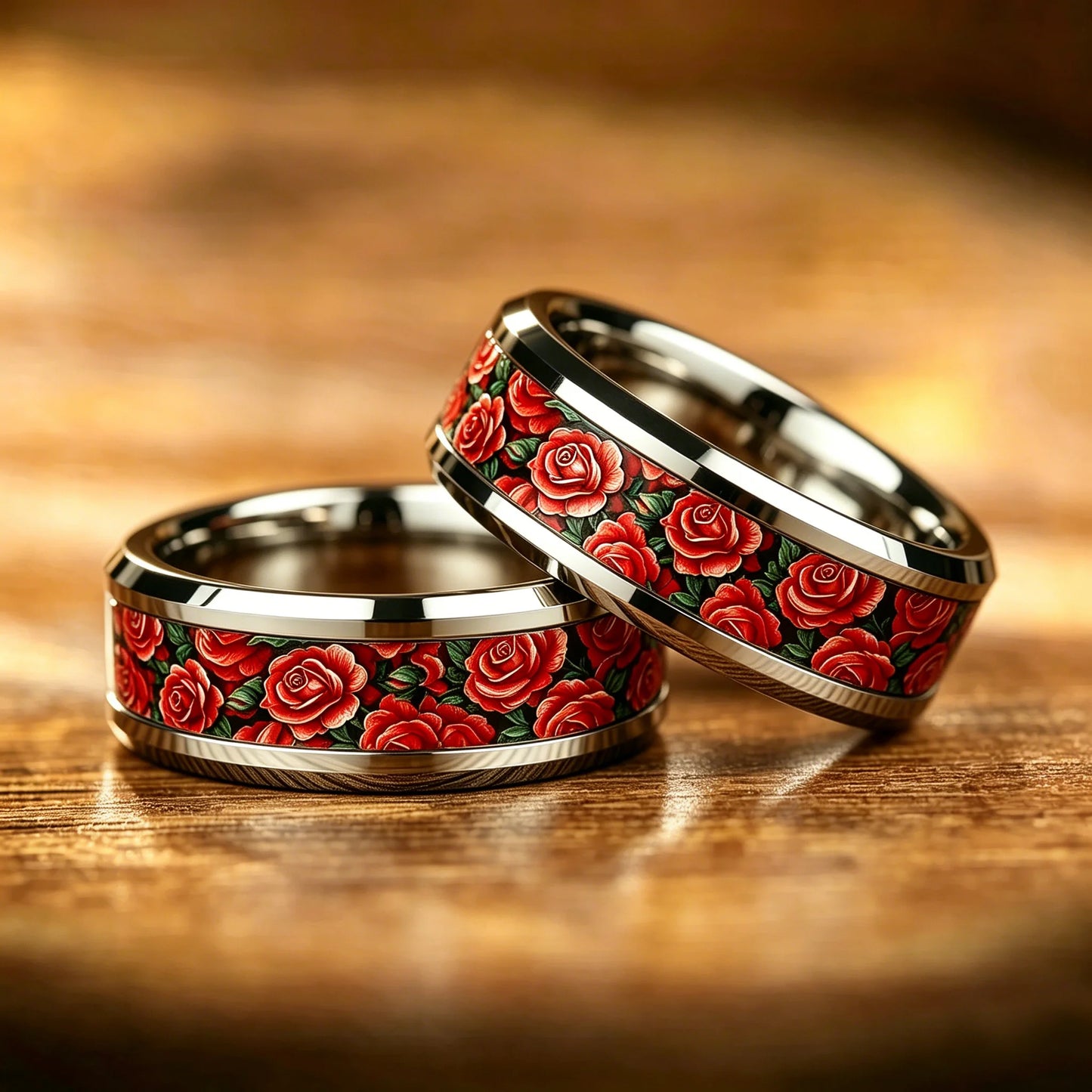 Women's Stainless Steel Ring Red Rose Flower & Green Leaves Inlay Wedding Band Romantic Valentine Floral Pattern Finger Jewelry