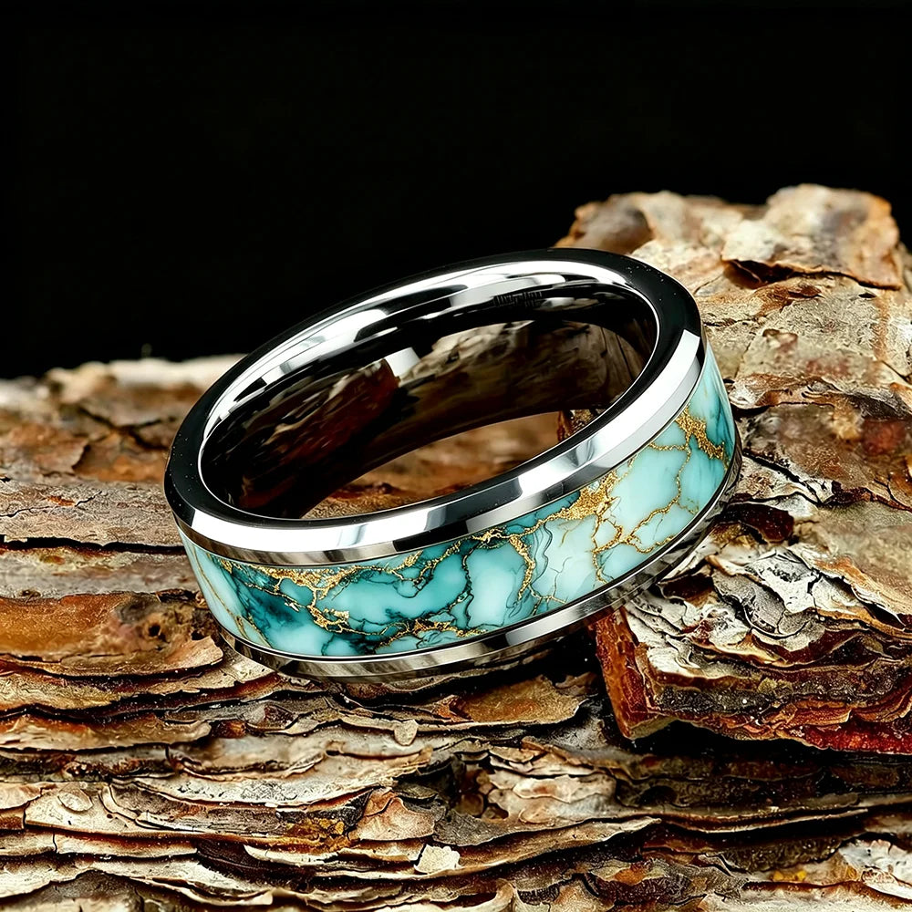 Wholesale With Sky Blue Marble Turquoise Inlay Ring Stainless Steel Rings for Men Women Wedding Band Jewelry Birthday Gift
