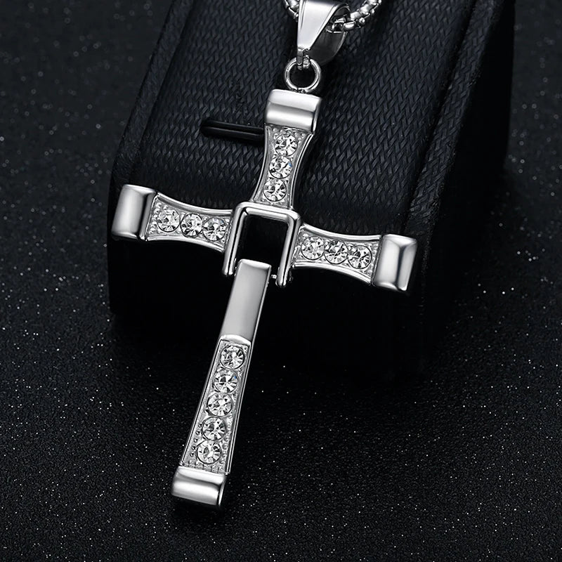 Hip Hop Stainless Steel Gold Crystal Cross Cubic Zirconia Pendant Necklace Gift Square Pearl Chain