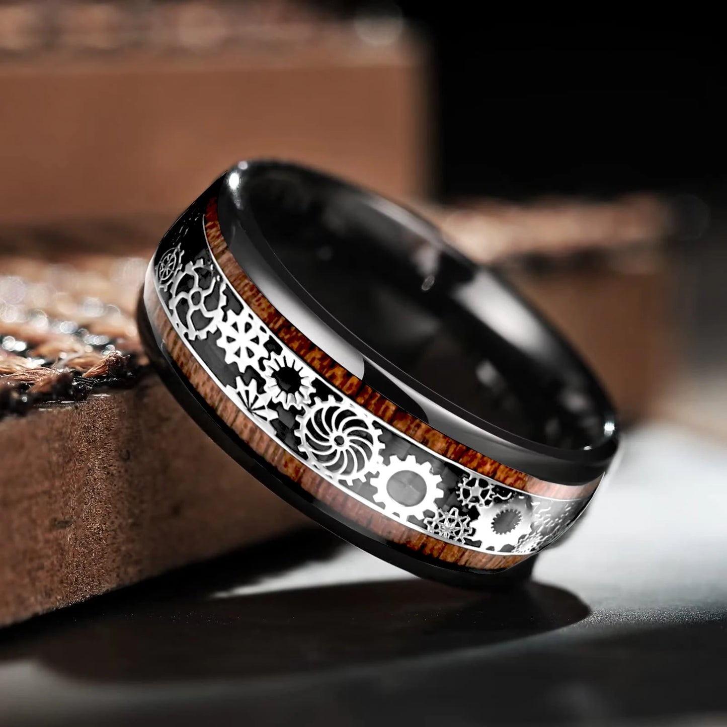 Hiphop Steampunk Men Black Stainless Steel Gear Wheel Rings Koa Wood Inlay Black Carbon Fiber Rings for Men Rock Biker Jewelry
