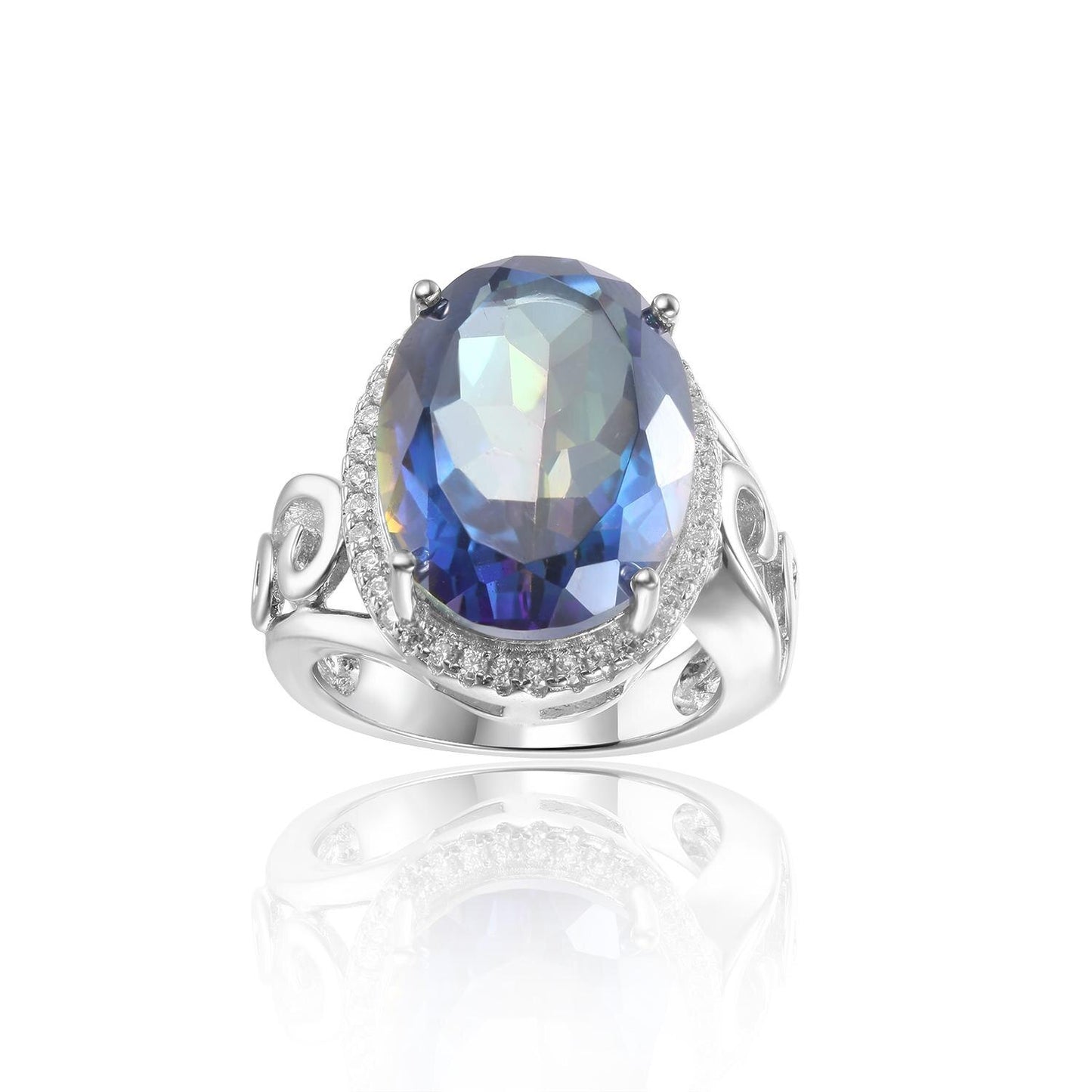 GEM&#39;S BALLET 9.10Carat 12x16mm Oval Rainbow Mystic Topaz Birthstone Cocktail Rings in 925 Sterling Silver For Women Jewelry Blueish|925 Sterling Silver