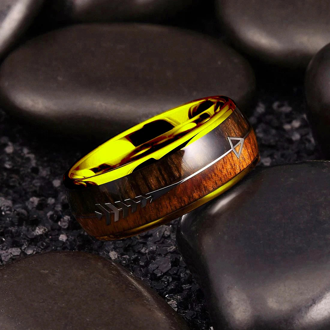 Fashion 8mm Silver Color Stainless Steel Arrow Rings for Men Women Inlaid Hawaiian Koa Wood Rings Men Wedding Band Jewelry Gifts