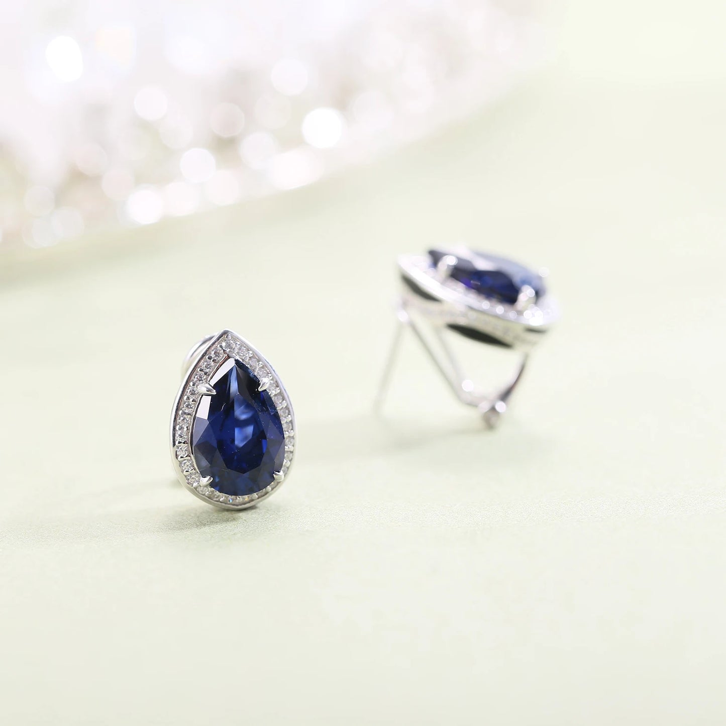 GEM'S BALLET Tiger Element Earrings Pear Shape 8x12mm Lab Blue Sapphire Stud Earrings in 925 Sterling Silver Gift For Her