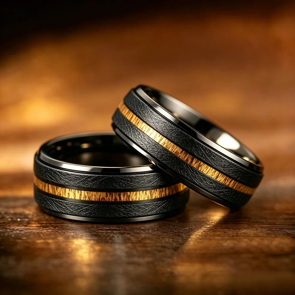 With Hawaiian Koa Wood Inlay Rings Matte Brushed Finish Fashion 8mm Black Stainless Steel Rings for Men Wedding Jewelry