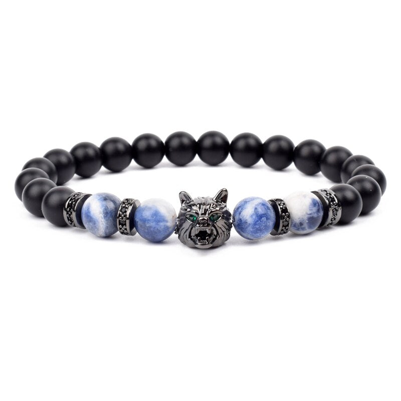 Wolf Charm Bracelets Men Natural Black Agates Onyx Stone Bracelet Brave Blue Tiger Eye Elastic 8 mm Beads Jewelry Beaded Pulsera Sodalite