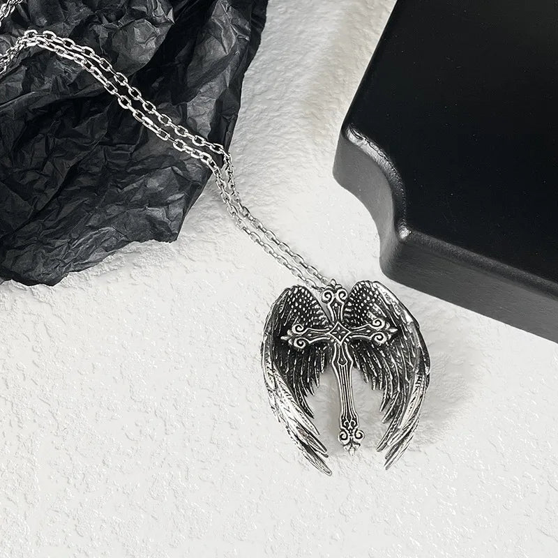 Vintage Angel Wings Cross Necklace For Women Men Trend Punk Feather Guard Pendant Sweater Chain 2024 New Jewelry Wholesale