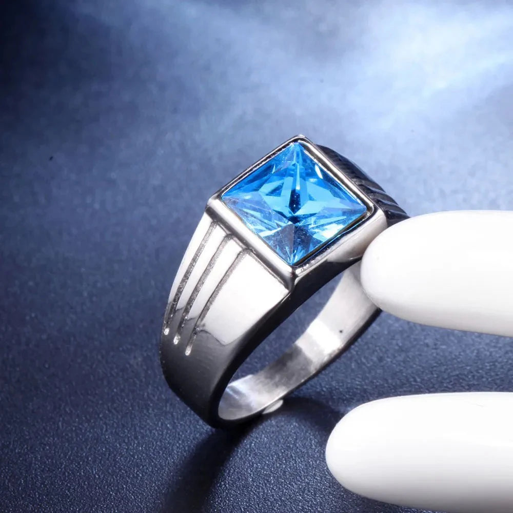 Fashion Men's Blue Crystal CZ Stone Ring Luxury Silver Color Engagement Ring Classic Wedding Party Jewelry Valentine's Day Gift
