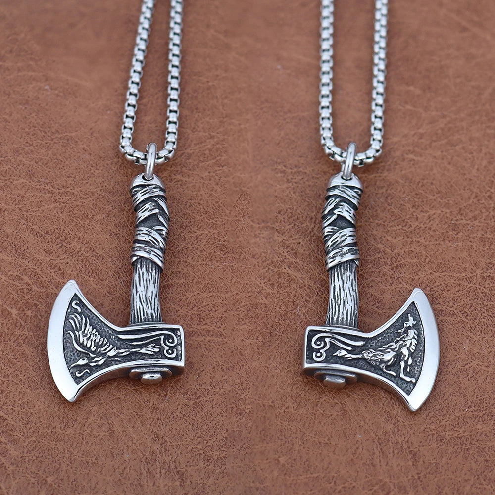 Retro Viking Wolf and Odin Crow Axe Pendant Boutique Stainless Steel Nordic Necklace for Birthday Gift Popular Jewelry