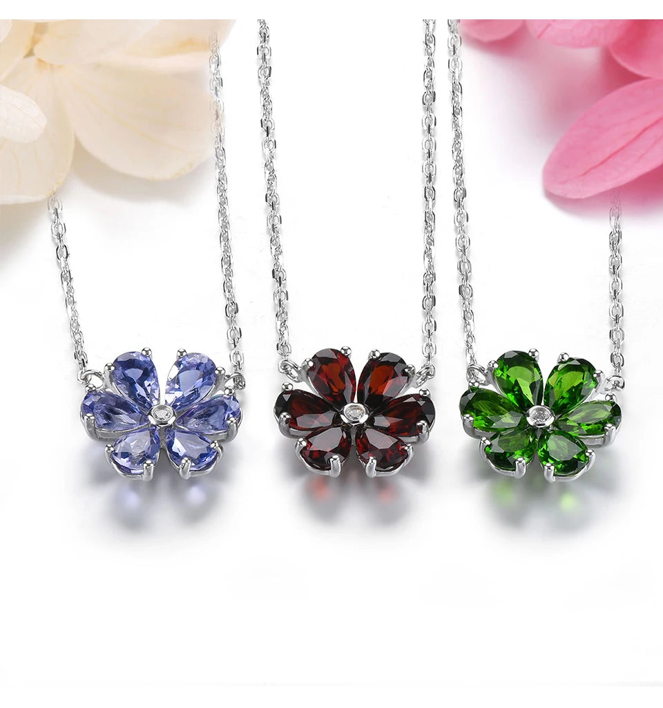 Natural Red Garnet Solid Sterling Silver Necklace 2.68 Carats Genuine Birthstone Romantic Flower Design S925 Fine Jewelry Gifts