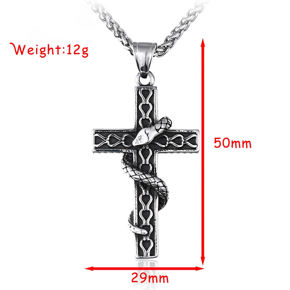 Gothic Religious Creative Snake Cross Neckalce for Men Gift Stainless Steel Vintage Punk Snake Pendant Halloween Amulet Jewelry