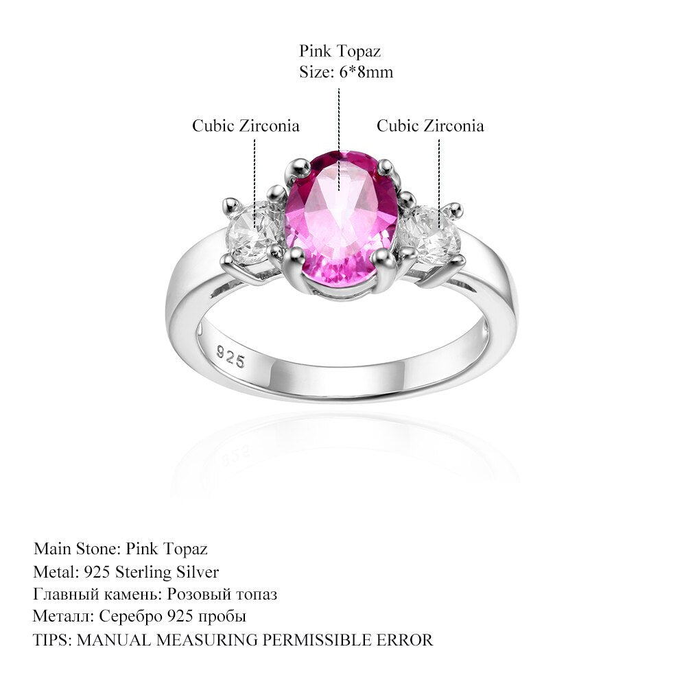 GEM&#39;S BALLET November Birthstone Promise Ring 6x8mm Oval Pink Topaz Three Stone Engagement Ring in 925 Sterling Silver