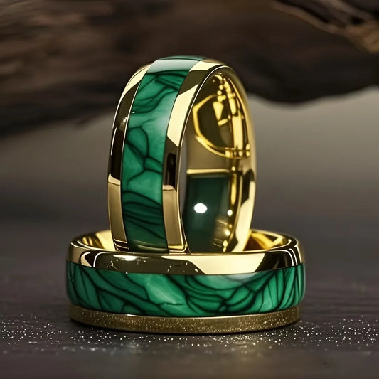 Fashion 8MM Men Domed Green Abalone Shell Inlay Stainless Steel Rings Gold Color Steel Rings For Wedding Engagement Jewelry Gift