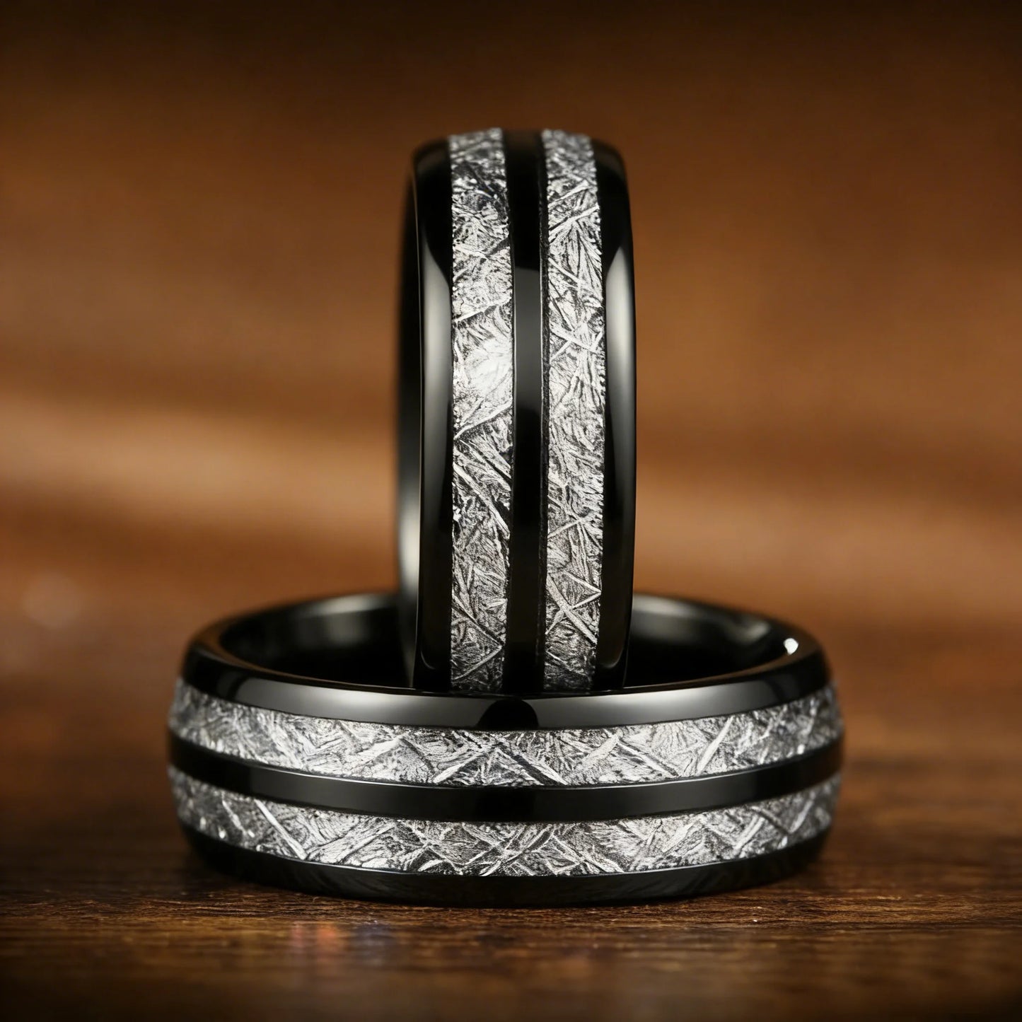 Fashion 8mm Black Color Stainless Steel Rings for Men Double Groove Meteorite Inlay Dome Men Finger Ring Wedding Band Jewelry