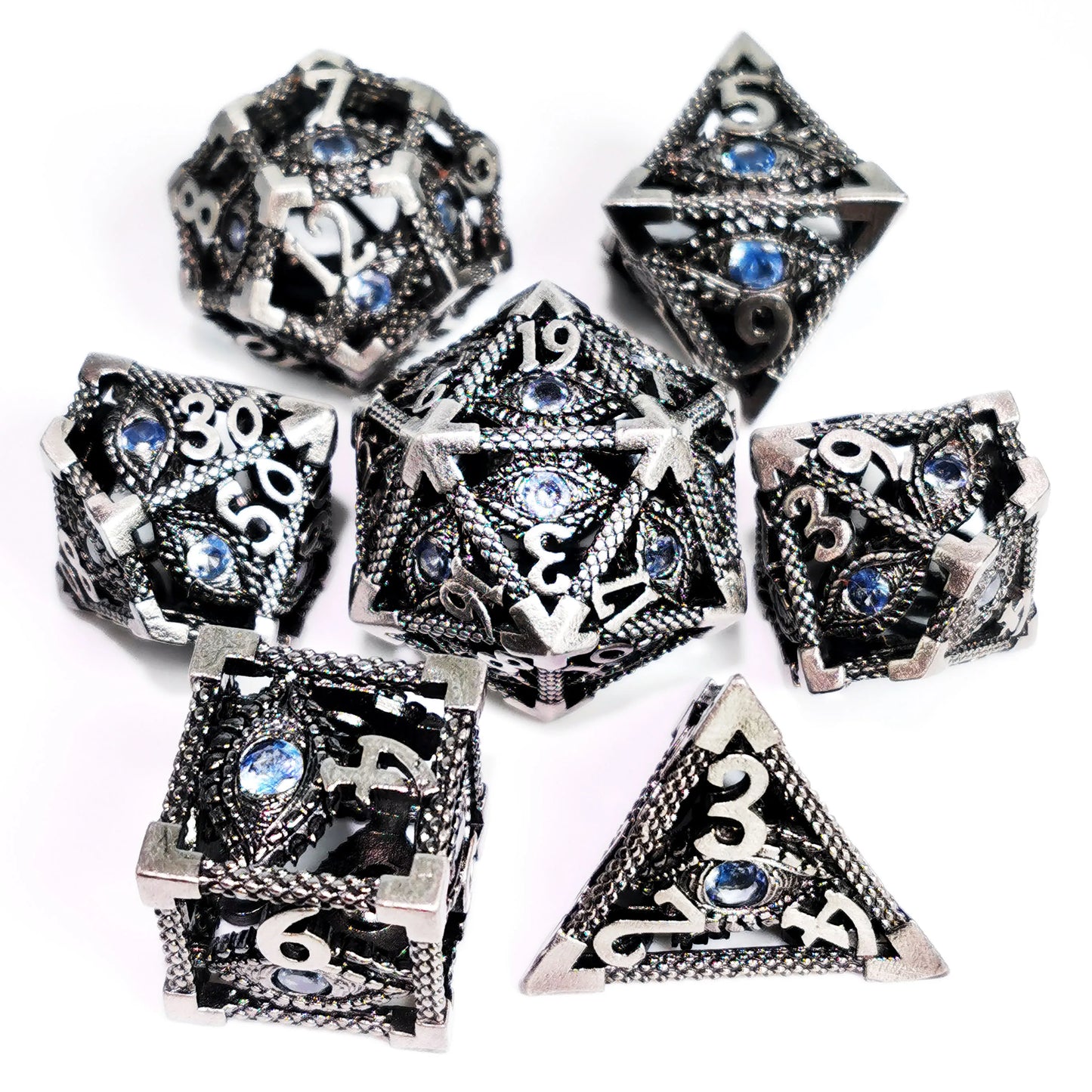 DnD Metal Dice Set - Hollow Dragon Eye Zinc Alloy 7pc Dice with Red Core for D&D RPG Games Blue