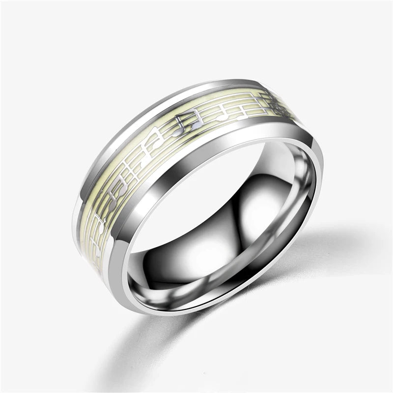 Stainless Steel Ring, Glowing In Dark Luminous Rings, Music Stave Pattern Rings for Men Women, Fashion Wedding Bands Jewelry