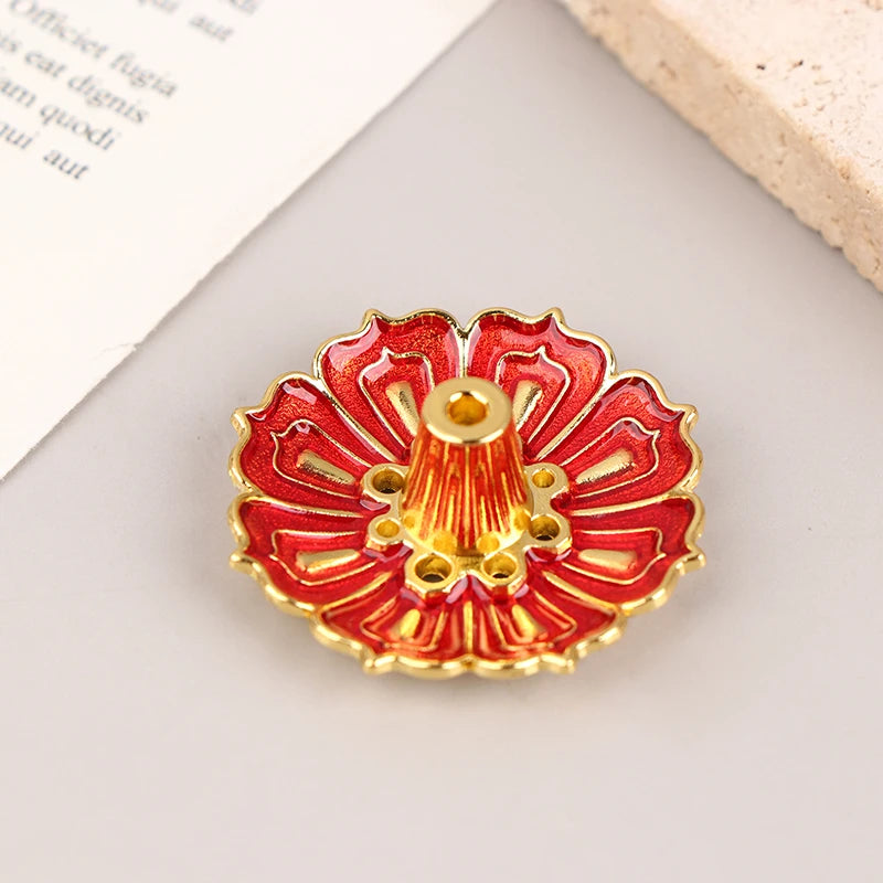 1PCS Lotus Alloy Incense Burner Stick Holder Home Buddhism Line Incense Plate Sandalwood Coil Base Temples Delicate Home Decor Red