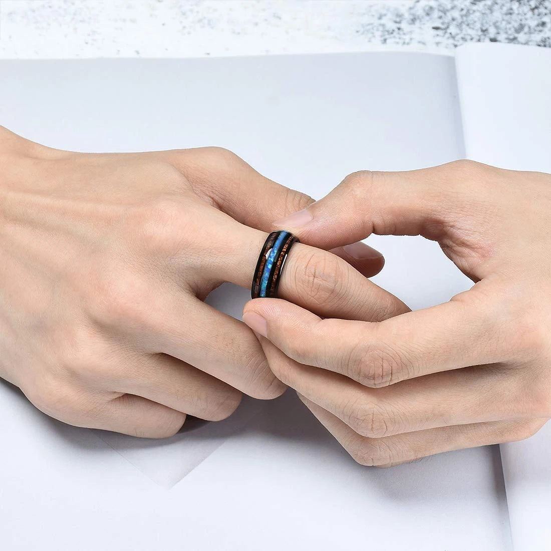 Fashion 8mm Stainless steel Hawaiian Koa Wood Rings For Men WIth Blue Fire Opal Rings Men Wedding Band Jewelry Drop Shipping