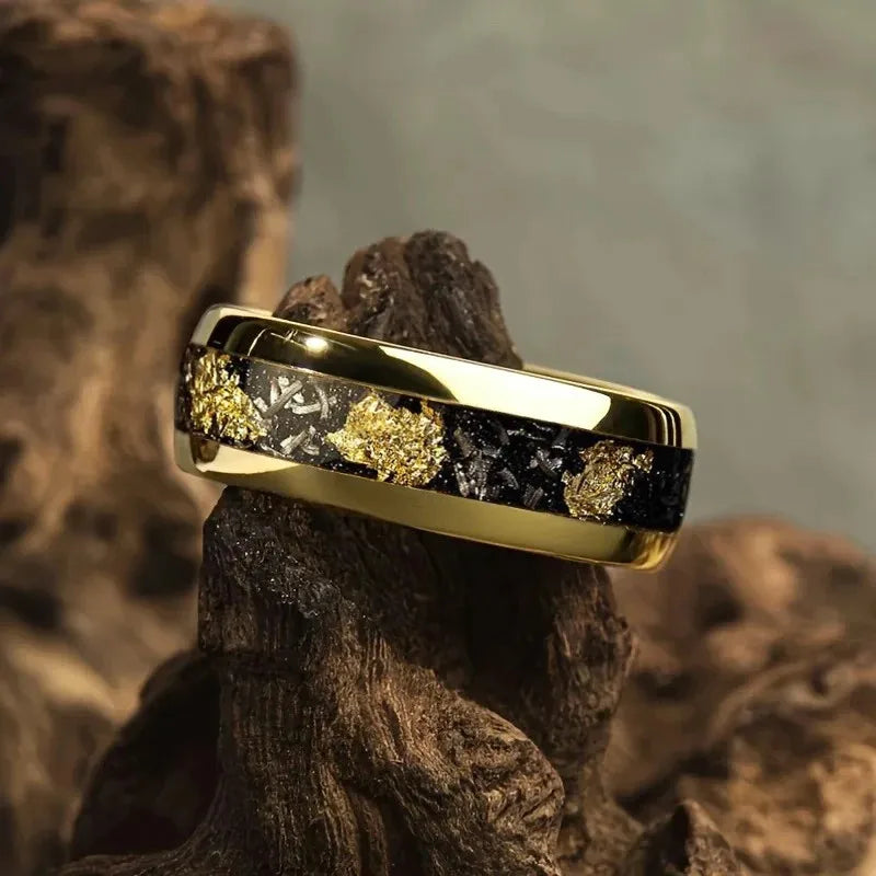 Fashion Black Men Stainless Steel Ring with Volcanic Lava and Golden Foil Pattern Inlay Rings for Men Wedding Jewelry Drop Ship