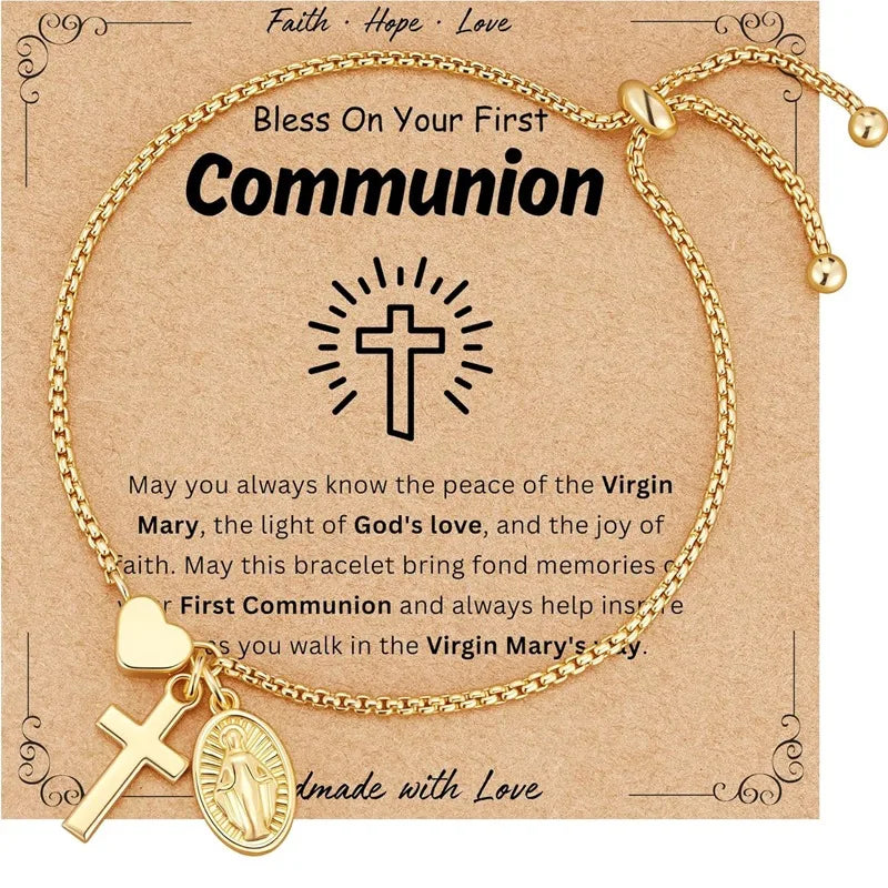 18k Gold Catholic Virgin Mary Cross Heart Bracelet Gift for Women Confirmation First Communion Religious Christian Faith Jewelry
