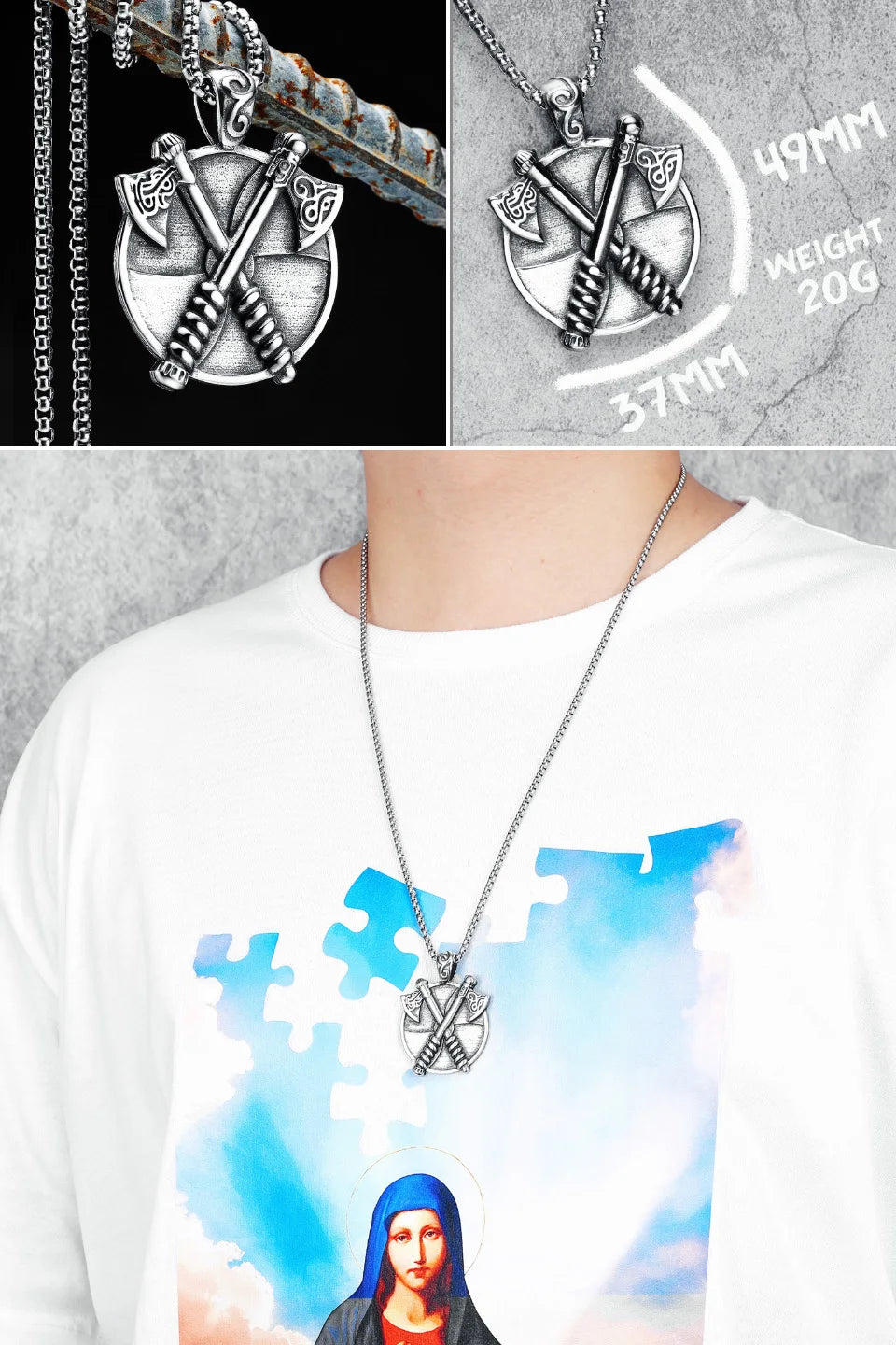 Collar con colgante de acero inoxidable con diseño de armas vikingas para hombre, estilo nórdico, estilo retro rock, punk, rap, para amigos, regalo de joyería masculina.