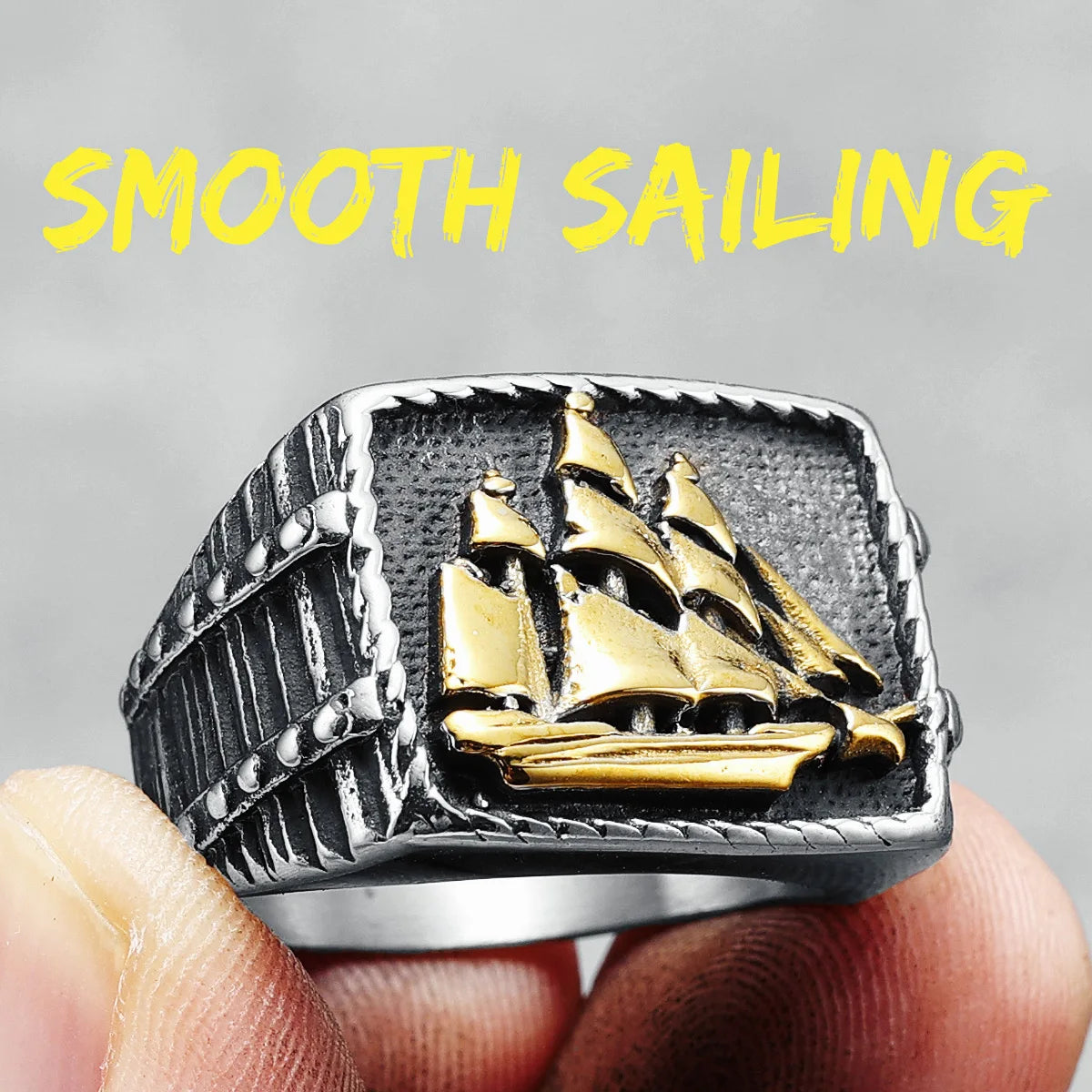 Sailboat Ring 316L Stainless Steel Men Rings Ocean Sailor Smooth Sailing Rock Rap for Biker Male Boyfriend Jewelry Best Gift R872-Sailing Golden