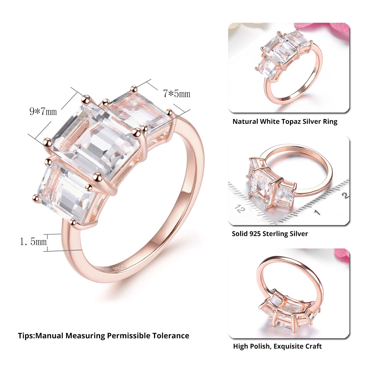 Natural White Topaz Sterling Silver Ring Rose Gold Plated 4.5 Carats Genuine Topaz S925 Fine Jewelrys Simple Classic Style