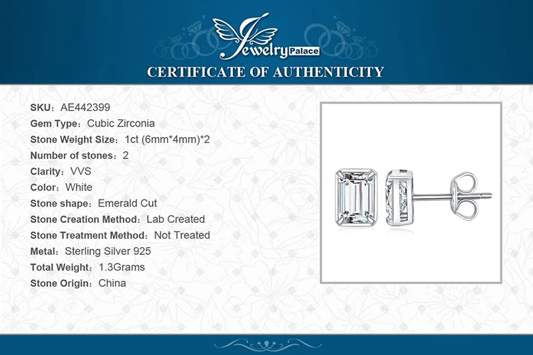 JewelryPalace Emerald Cut 5A Cubic Zirconia Wedding Engagement 925 Sterling Silver Stud Earrings for Woman Anniversary Gift