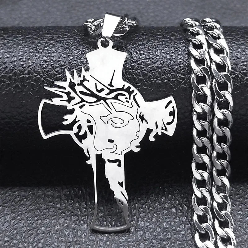 Hip Hop Punk Crown of Thorns Jesus Cross Necklace for Men Stainless Steel Gold Plated Crucifix Pendant Necklaces Jewelry N8052 F 60cm NK SR