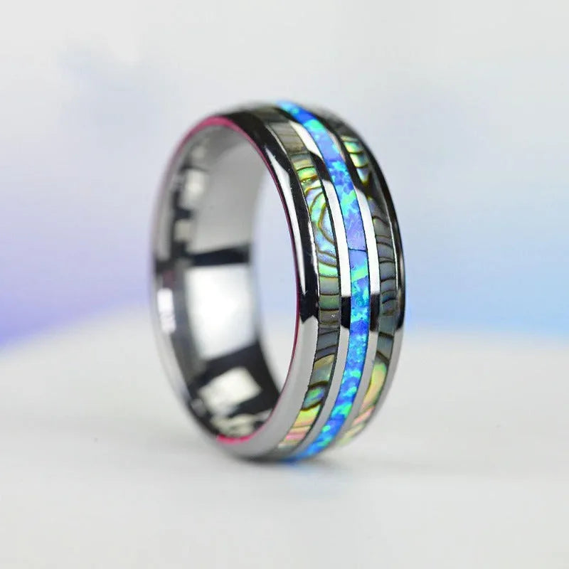 Fashion 8mm Silver Color Stainless Steel Ring For Men Fashion Abalone Shell Inlay Ring Men's Wedding Band Accessories Wholesale