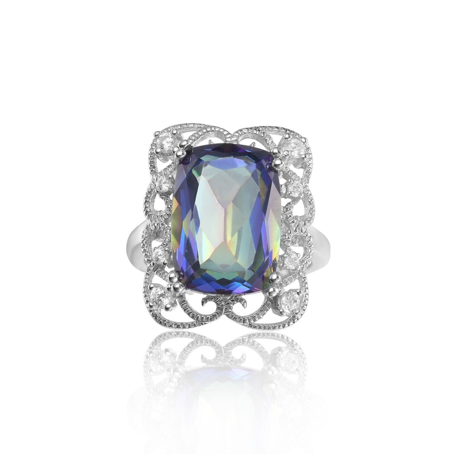 GEM&#39;S BALLET Flower Lace Cocktail Ring 9.66Ct 10x14mm Cushion Huge Mystic Topaz Statement Ring in Sterling Silver Gift For Her Mystic Topaz|925 Sterling Silver