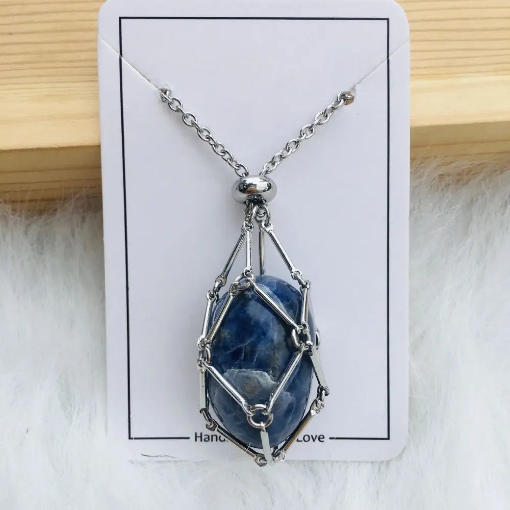 Crystal Holder Cage Necklace with Crystal Stone Interchangeable Adjustable Crystal Net Metal Necklace for Women Silver Lapis Lazuli