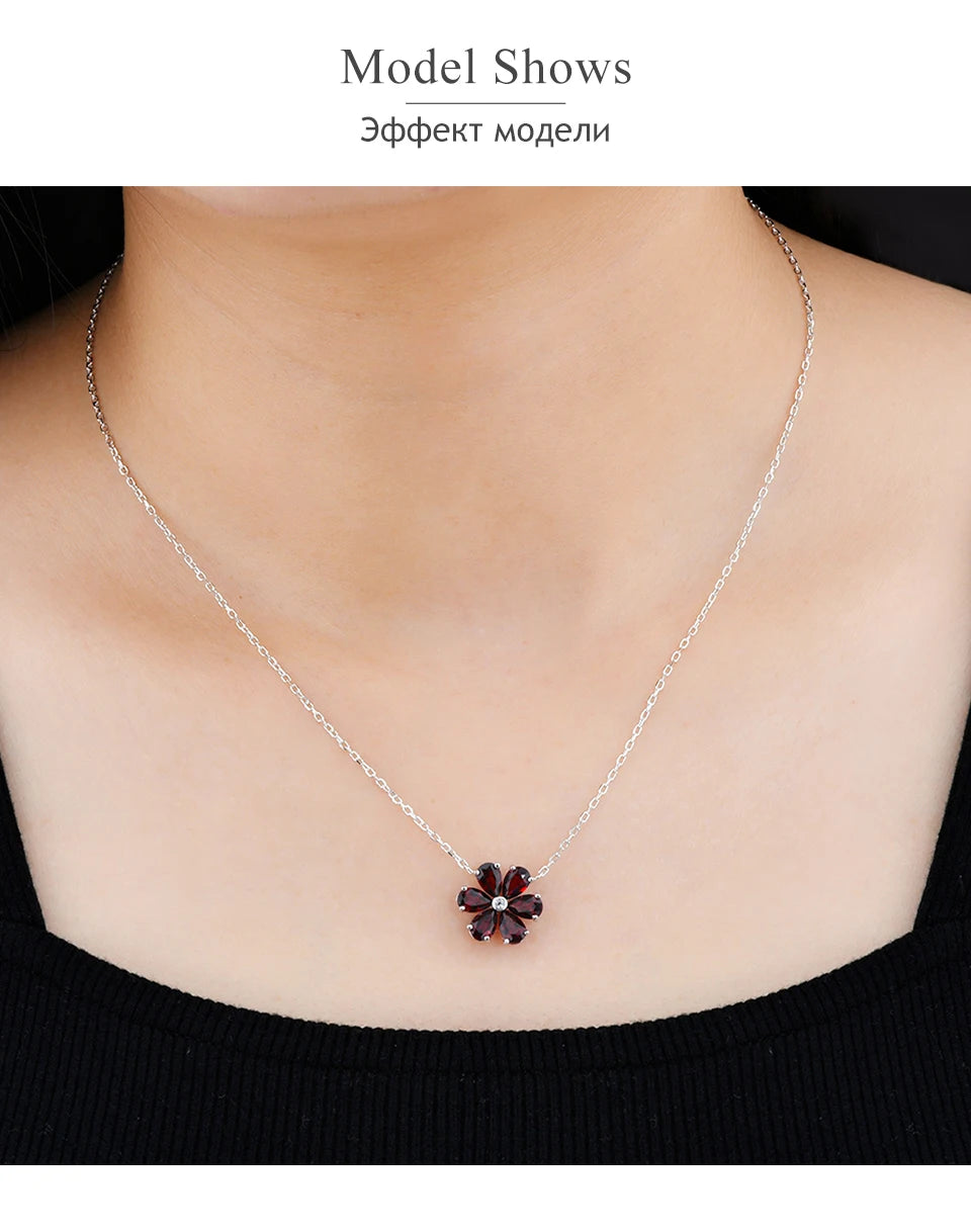 Natural Red Garnet Solid Sterling Silver Necklace 2.68 Carats Genuine Birthstone Romantic Flower Design S925 Fine Jewelry Gifts