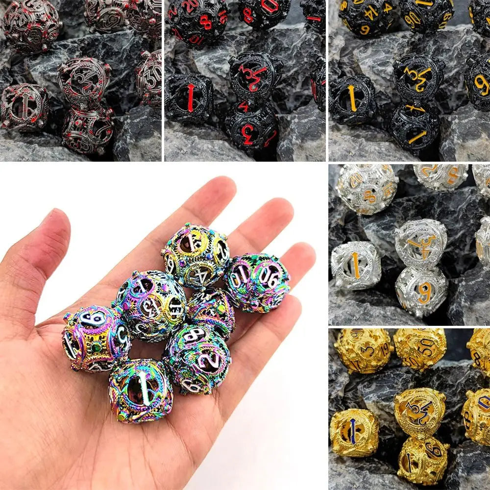 7Pcs Metal Hollow Dice Set Hollow Polyhedral Metal Dices Table Games Accessory For D&d DND D6 D8 D10 D12 D20