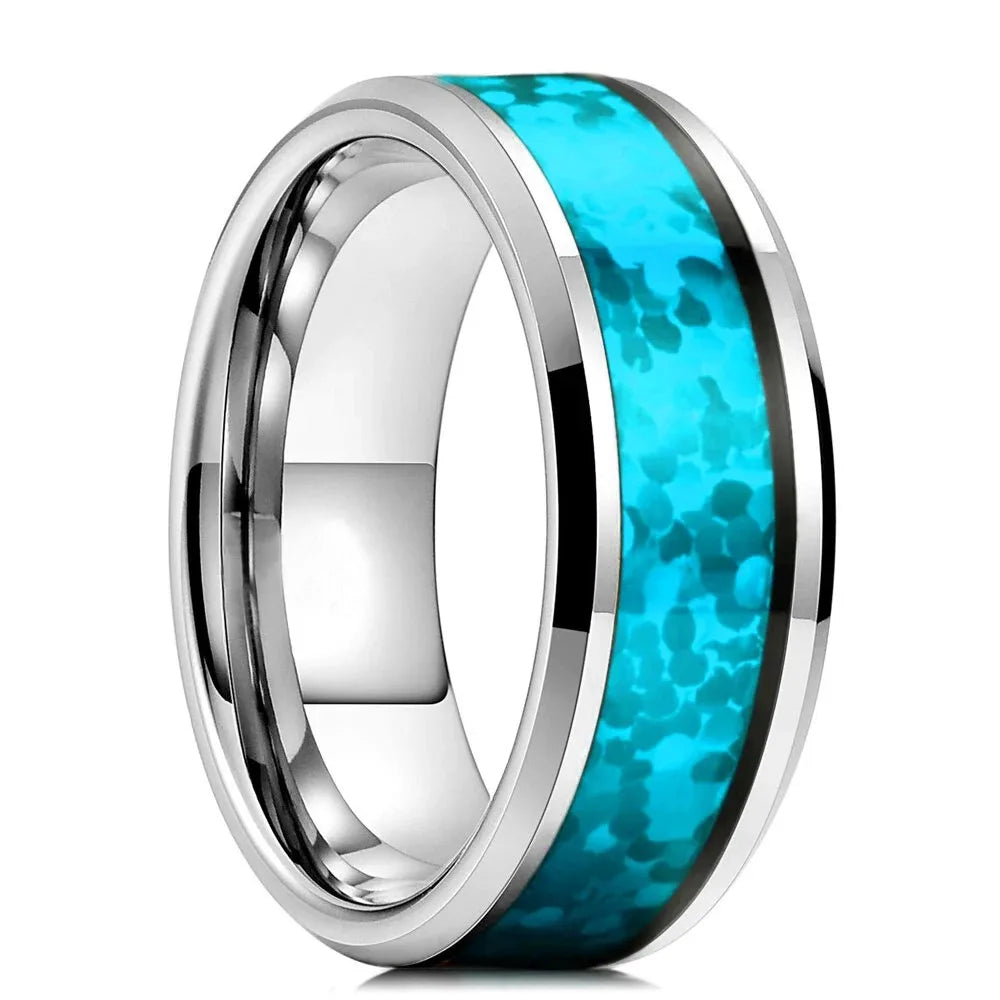 Fashion 8mm Men Silver Color Stainless Steel Rings Inlay Imitation Blue Opal Promise Rings For Men Women Wedding Band Jewelry