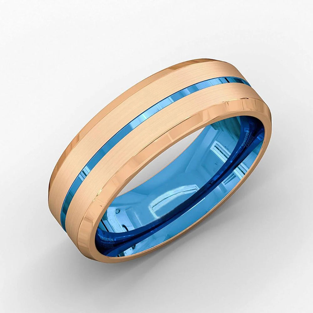 Trendy 8mm Rose Gold Color Groove Beveled Edge Titanium Men Wedding Rings Black Brushed Stainless steel Ring Men's Wedding Band