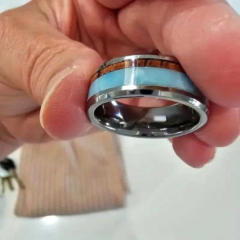Fashion 8mm Men Stainless Steel Rings Inlay Blue Faux turquoise Wood Rings For Men Women Wedding Engagement Band Jewelry Gift
