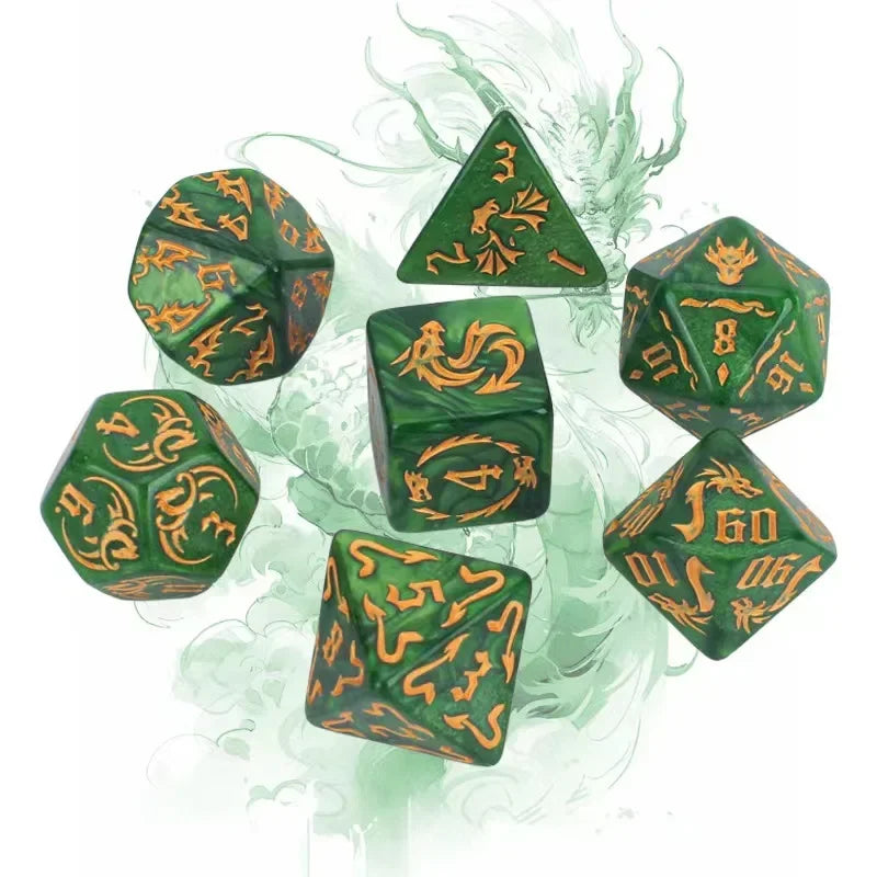 New 7pcs/set Dragon Element Polyhedral Dice Set Number Dice Kit for Dnd COC Cthulhu TRPG Running Team Table Game Dnd Dice Set green