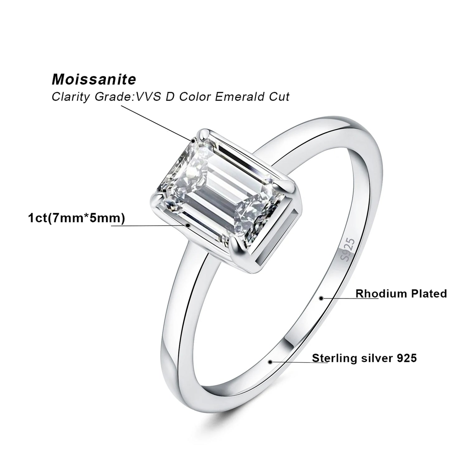 JewelryPalace Moissanite D Color 1ct Emerald Cut 925 Sterling Silver Solitaire Wedding Ring for Woman Yellow Rose Gold Plated