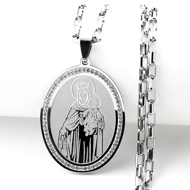 Virgin Mary Baby Jesus Pendant Necklace For Women Men Stainless Steel Rhinestones Gold Color Catholic Guadalupe Chain Jewelry