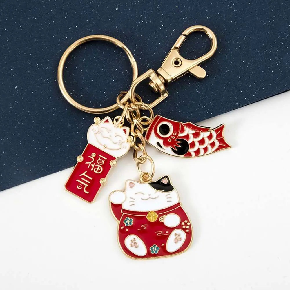 Japanese Style Maneki Neko Keychain Carp Streamer Key Chain For Women Metal Lucky Key Chains Car Bag Pendent