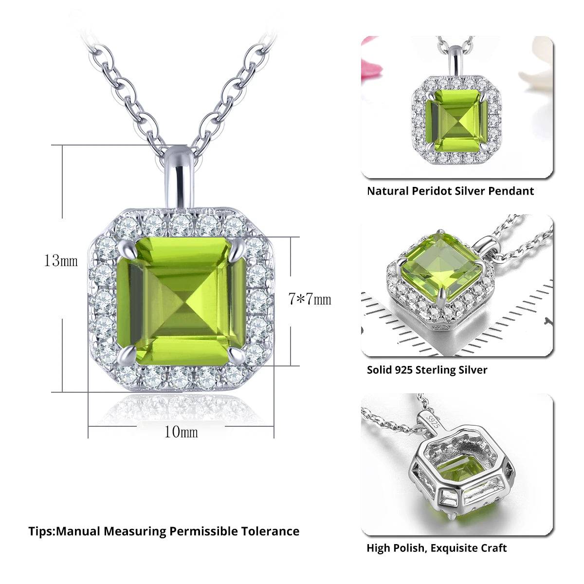 Natural Peridot Sterling Silver Pendants 1.5 Carats Genuine Gemstone Square Faced Cut Women Daily Style S925 Birthday Gifts