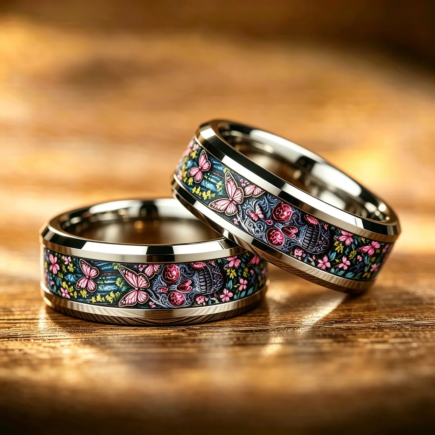 Vintage Gothic Punk Sugar Skull Pink Butterfly Dark Forest Floral Stainless Steel Ring Halloween Aesthetic Wedding Band Jewelry