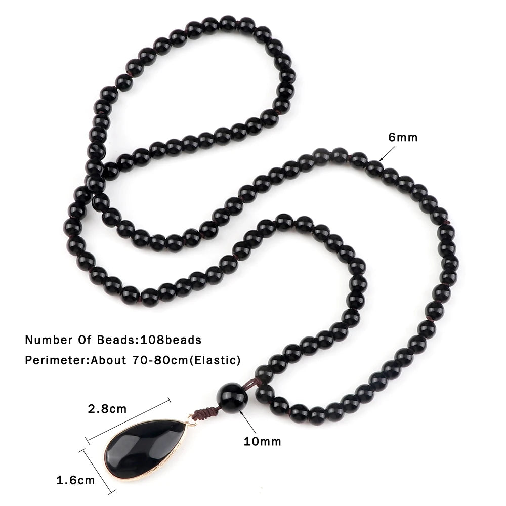 Shiny Black Onyx Natural Stone Beaded Necklaces&Bracelet Men 108 Japamala Pandent Prayer Necklace Handmade Women Healing Jewelry