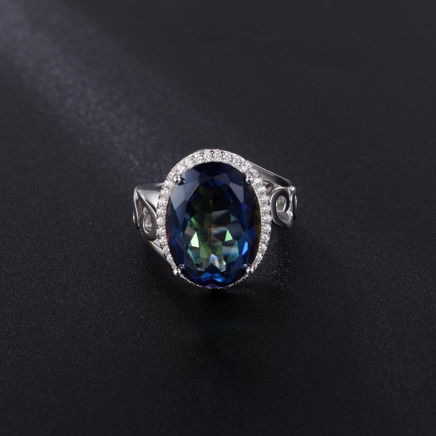 GEM&#39;S BALLET 9.10Carat 12x16mm Oval Rainbow Mystic Topaz Birthstone Cocktail Rings in 925 Sterling Silver For Women Jewelry